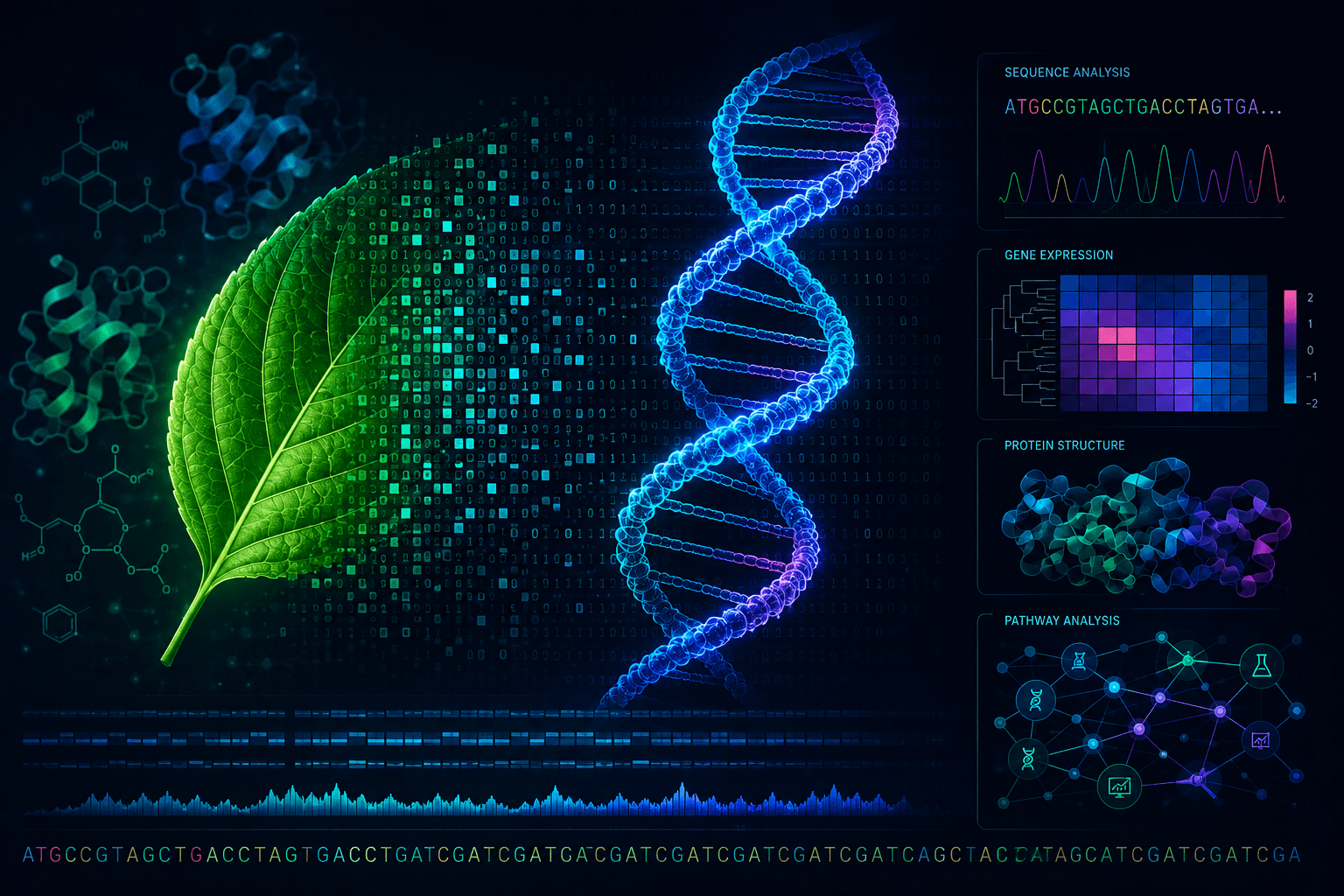 A bioinformatics workspace: DNA sequence data, a gene expression heatmap, a predicted protein structure and a pathway network